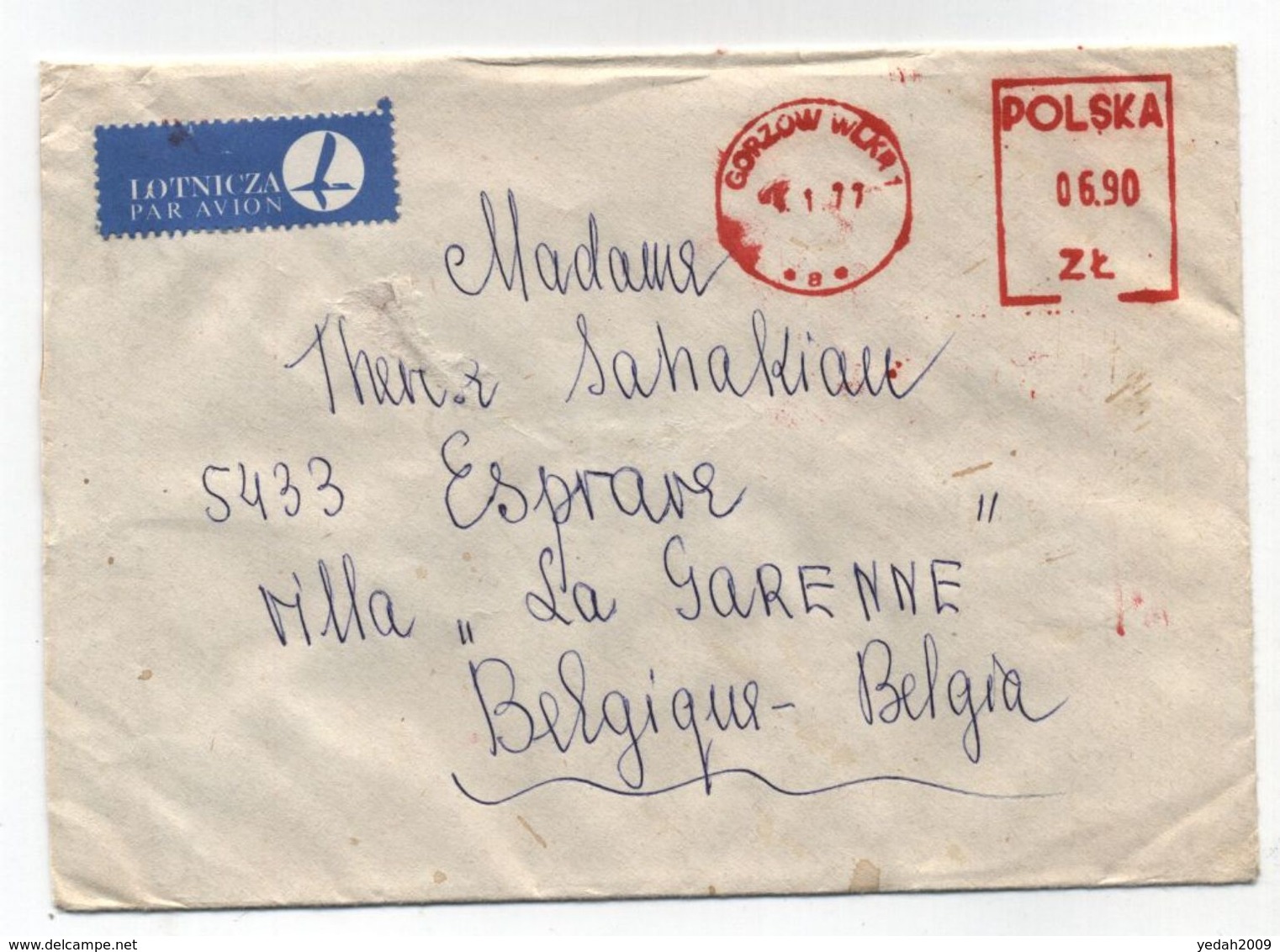 Poland AIRMAIL METER CANCEL COVER TO Belgium 1977 - Vliegtuigen