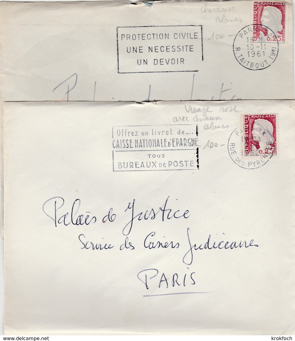 Marianne De Decaris YT 1263 - 2 Lettres Visages Rose Et Blanc Avec Cheveux Blancs - Paris XX Et 22 1961 1962 - Covers & Documents