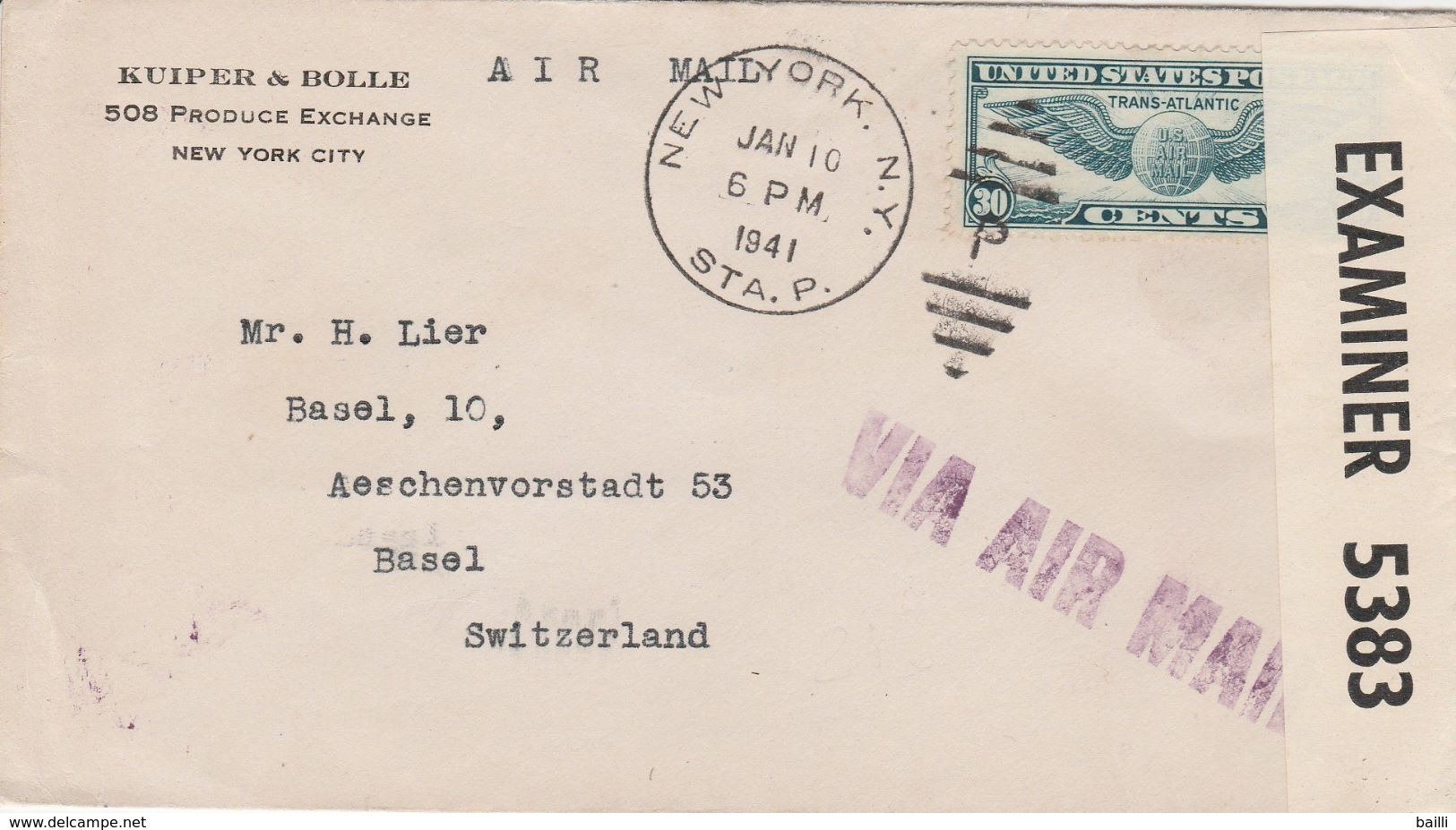 Etats Unis Lettre Censurée Pour La Suisse 1941 - Marcophilie