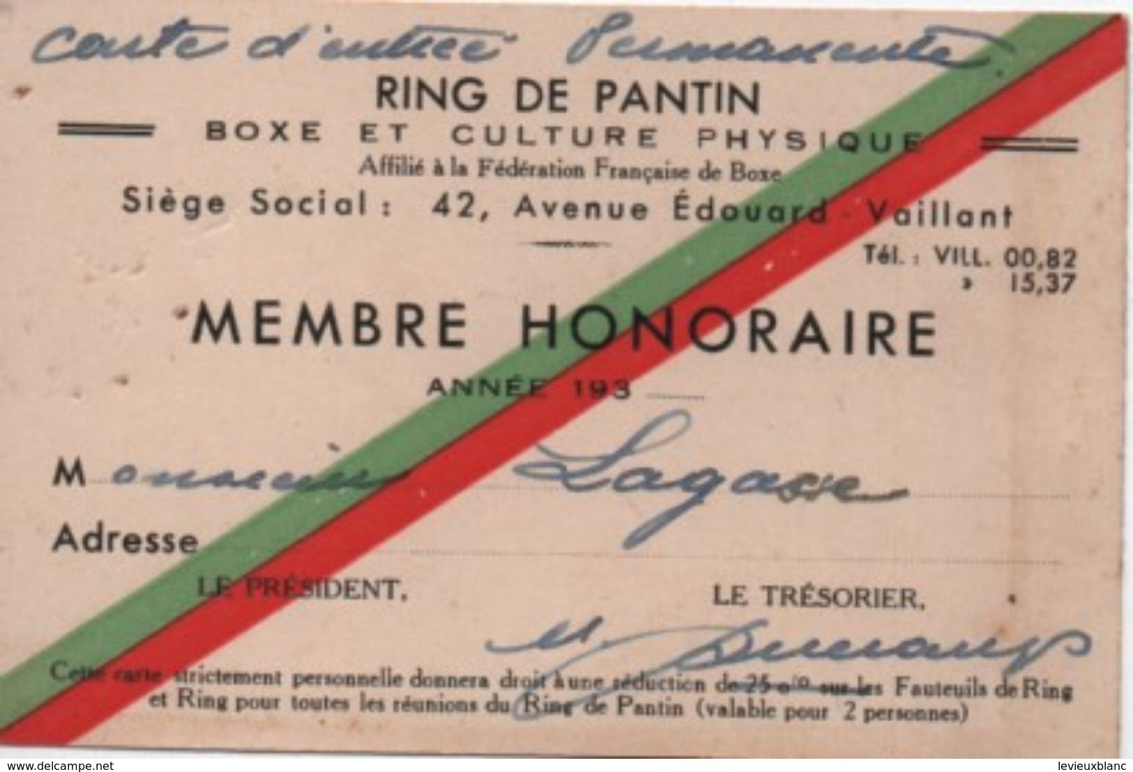 Sport/RING De Pantin/Boxe Et Culture Physique/Carte De Membre Honoraire/Lagasse / PANTIN/Vers 1935     AEC113 - Autres & Non Classés