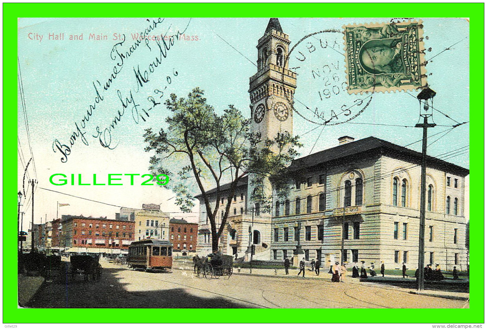 WORCESTER, MA - CITY HALL AND MAIN STREET - ANIMATED - TRAVEL IN 1906 - 3/4 BACK - THE METROPOLITAN CO - - Worcester