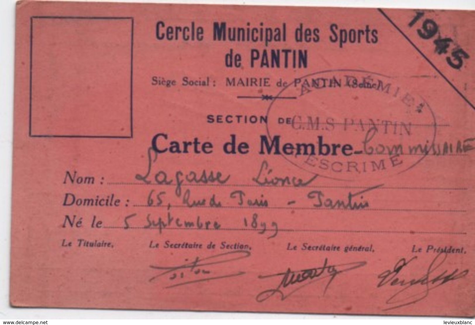 Sport/Cercle Municipal Des Sports De PANTIN/Section ESCRIME/Carte De Membre Commissaire/1945  AEC119 - Escrime