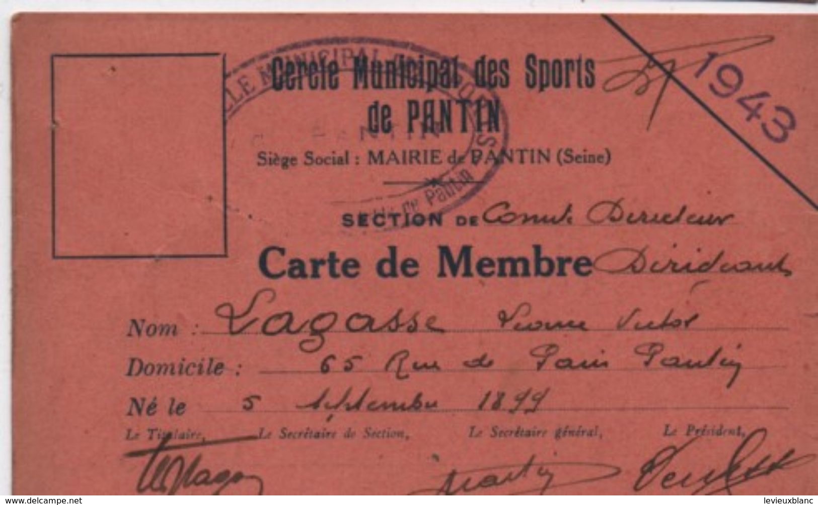 Sport/Cercle Municipal Des Sports De PANTIN/Comité Directeur/Carte De Membre Dirigeant /1943  AEC120 - Andere & Zonder Classificatie