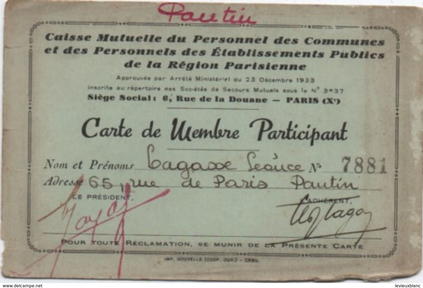 Mutuelle/Caisse Mutuelle Du Personnel Des Communes Et établissements Publics RP/Lagasse /Vers 1940  AEC122 - Autres & Non Classés