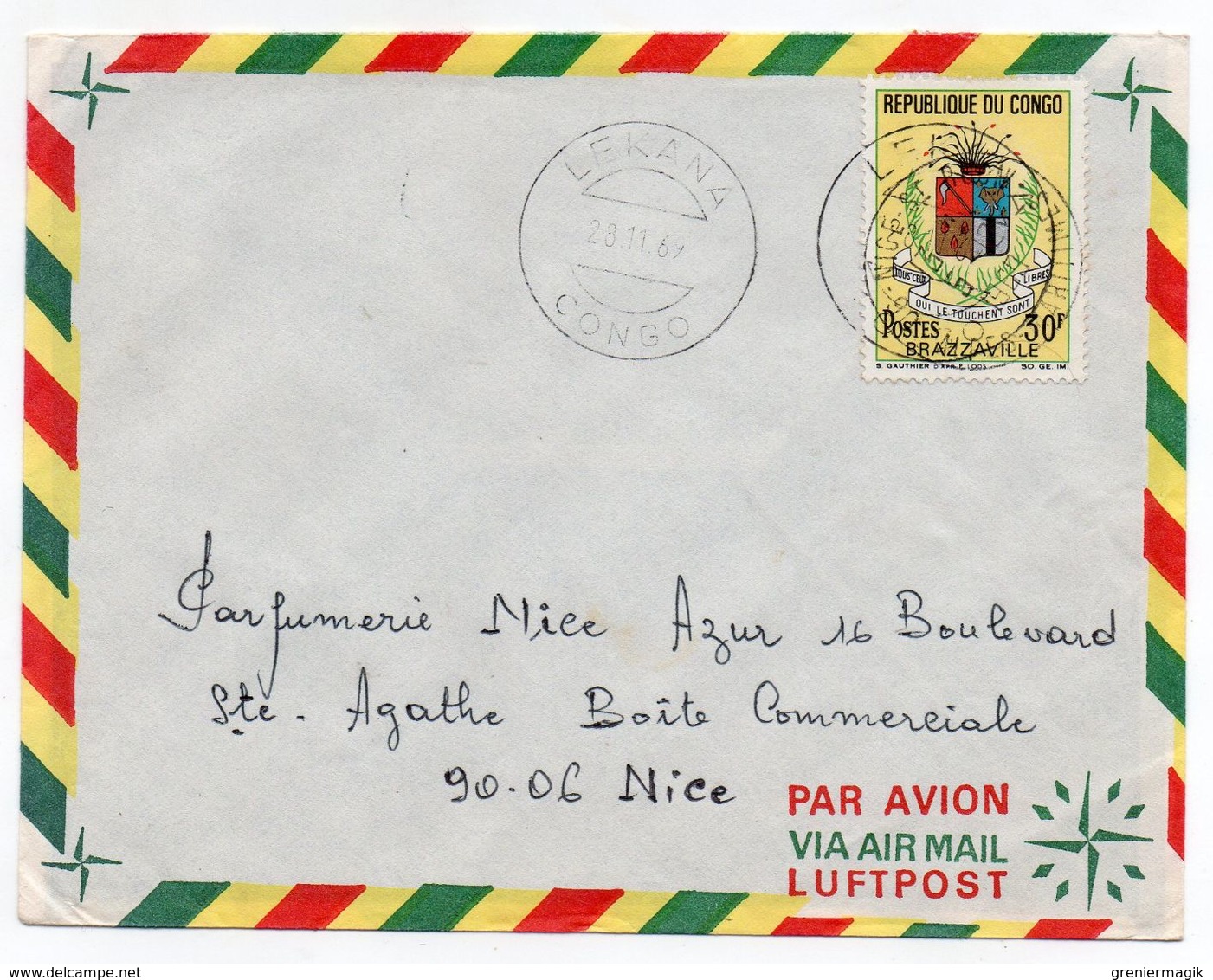 Congo YT N°214 Seul Sur Lettre Lekana Pour La France 1969 (Nice Azur Parfumerie Laboratoires) Blason - Usados