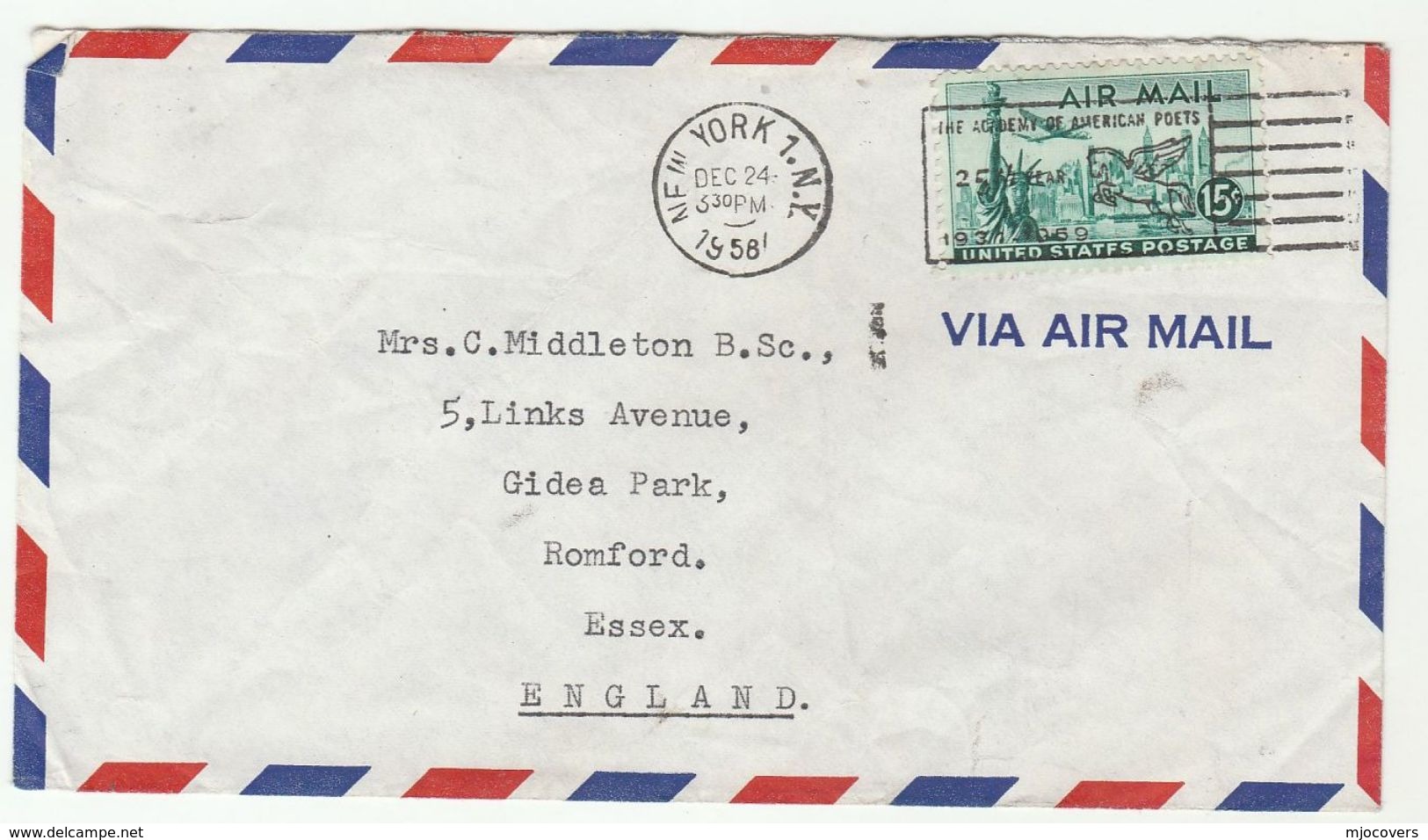 1958 USA Air Mail COVER SLOGAN Illus WINGED HORSE, POET SOCIETY Pegasus Stamps To GB - Horses