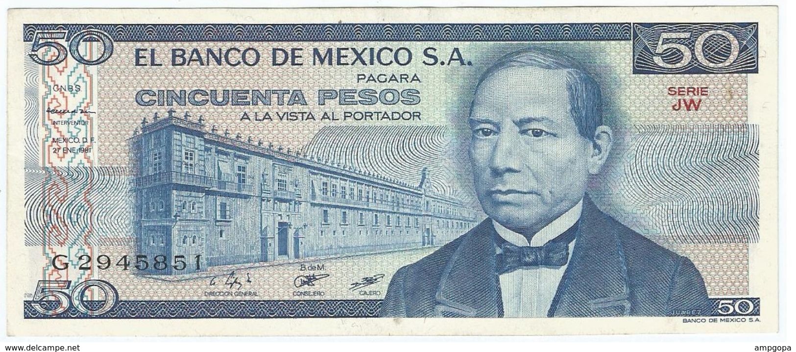 México 50 Pesos 27-1-1981 Pick 73 Serie JW UNC - México