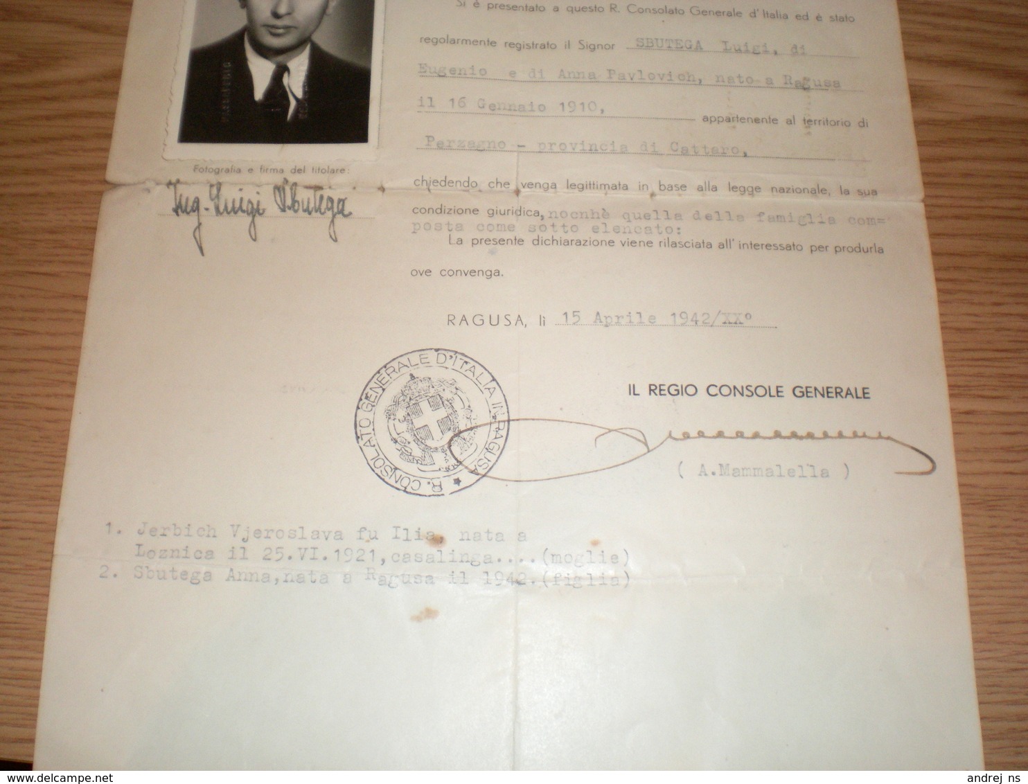 Dubrovnik Ragusa WW2 Okupation 1942 Consulato Generale D Italia Ragusa  Cerificato Di Iscrizione Passaporto Per L Estego - 1939-45