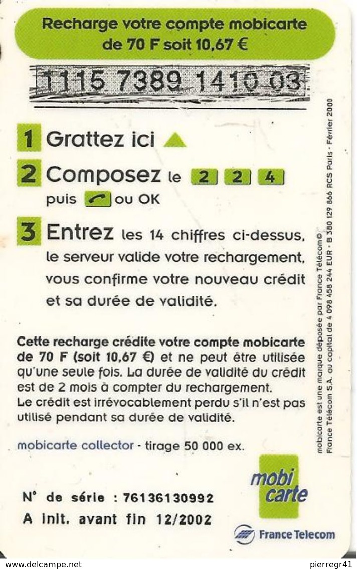 CARTE-RECHARGE MOBICARTE 70-MOBI-PU36-12/2002-SUPREME SNOWBOARDING 1-BLEU-La FORET-50000ex-TBE -  LUXE - Mobicartes (recharges)