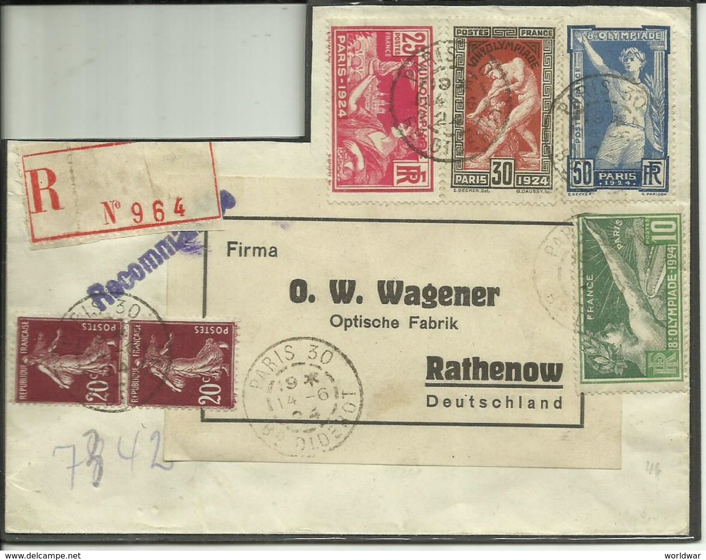 1924  Olympic Games Paris Complete Set On Registered Letter From Paris To Rathenow, Germany - Estate 1924: Paris