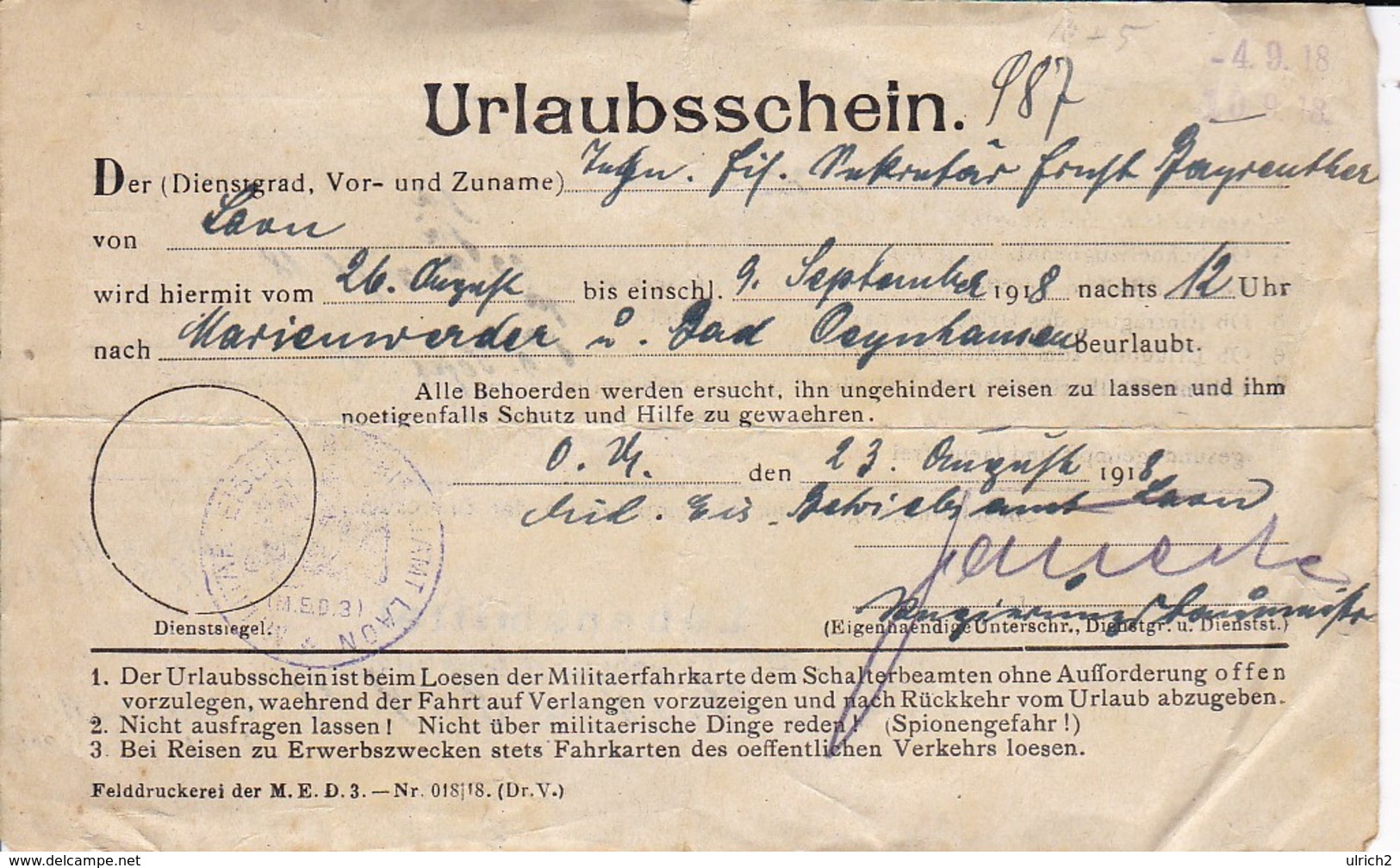 Urlaubsschein Deutsche Armee - Militär Eisenbahn-Betriebsamt Laon - Lebensmittelausgabe Bad Oeynhausen - 1918 (33542) - Dokumente