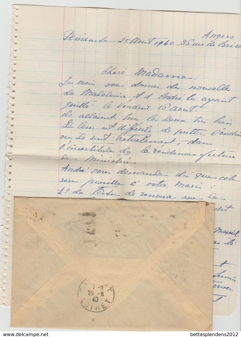 LAC 1940 - Cachet ANGERS (Maine Et Loire) + Flamme "Angers: Jardins Musées Chateau Tapisseries"+ YT 432 Seul Sur Lettre - Oblitérations Mécaniques (flammes)