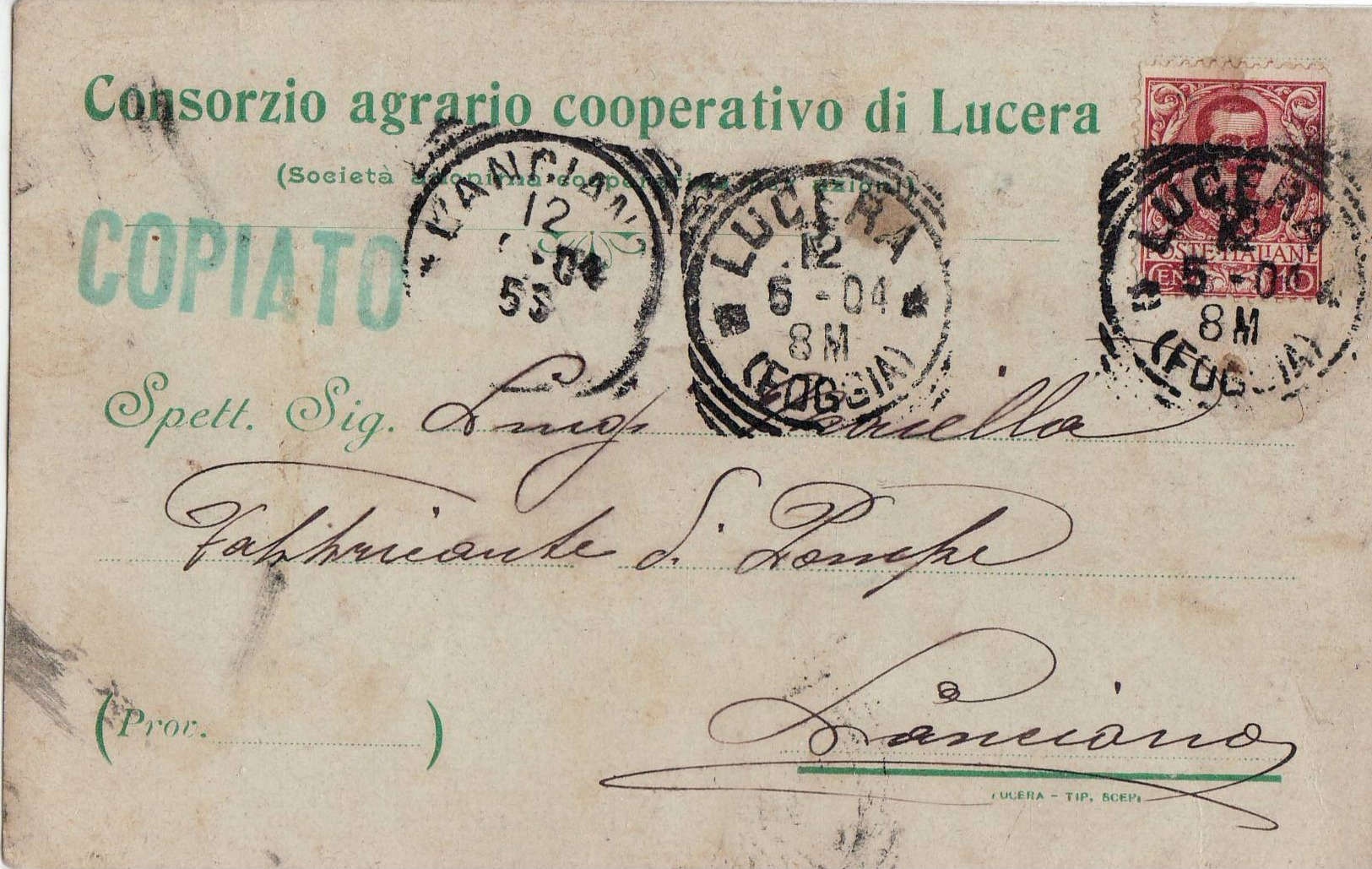 6365 FOGGIA LUCERA CONSORZIO AGRARIO X LANCIANO - Storia Postale