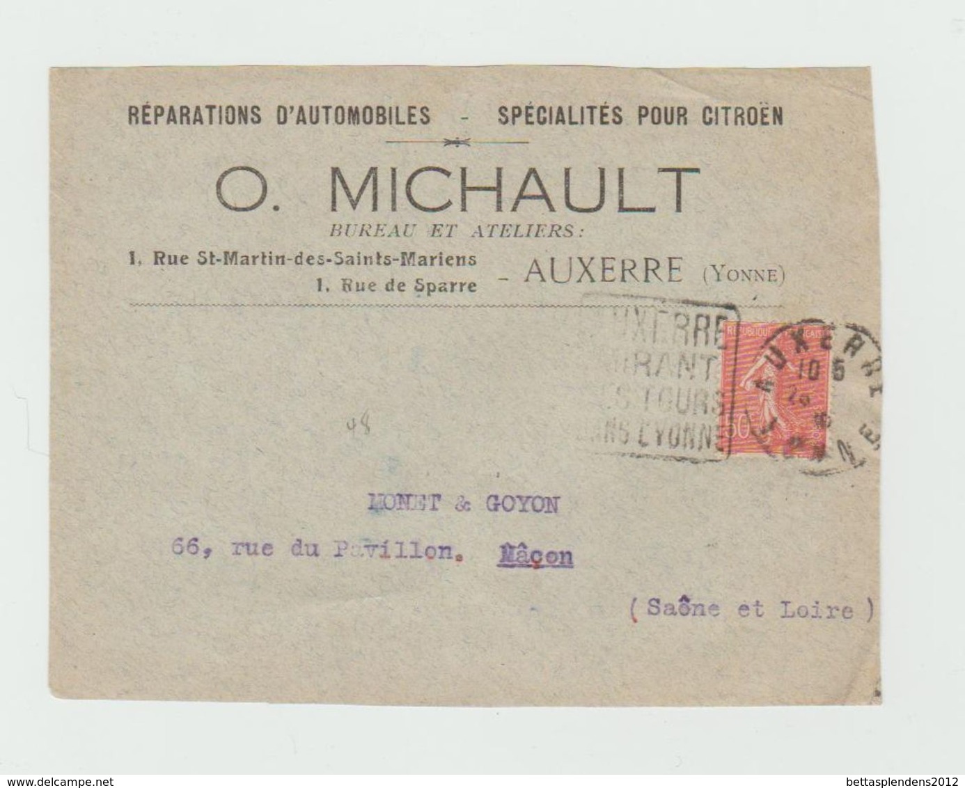 Cachet Daguin AUXERRE  (Yonne) Sur Devant D'enveloppe " Réparations D'automobiles - Spécialités Pour CITROEN - 1921-1960: Modern Period