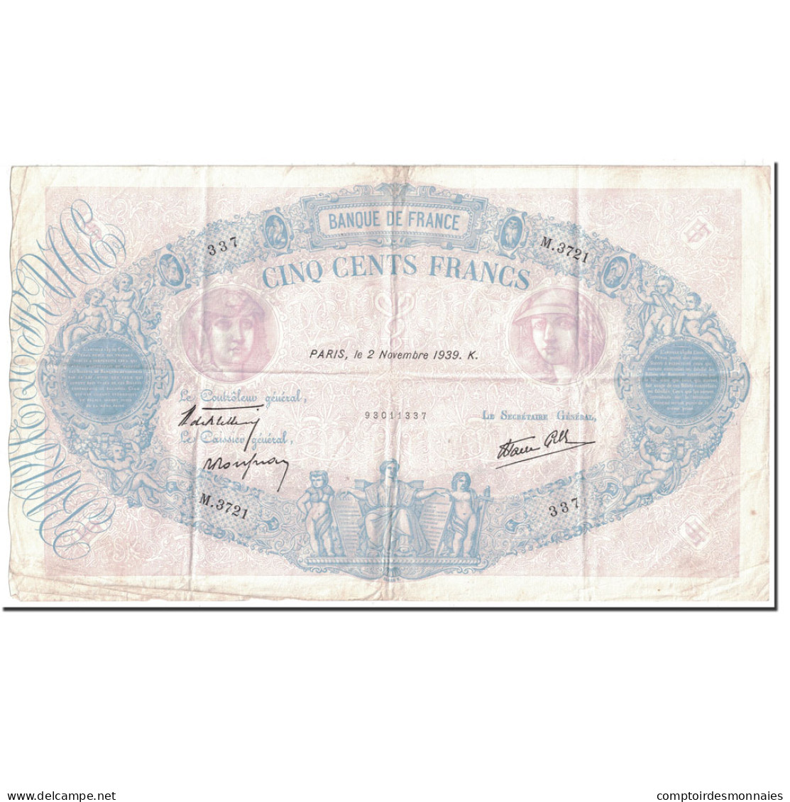 France, 500 Francs, 500 F 1888-1940 ''Bleu Et Rose'', 1939, 1939-11-02, TTB - 500 F 1888-1940 ''Bleu Et Rose''