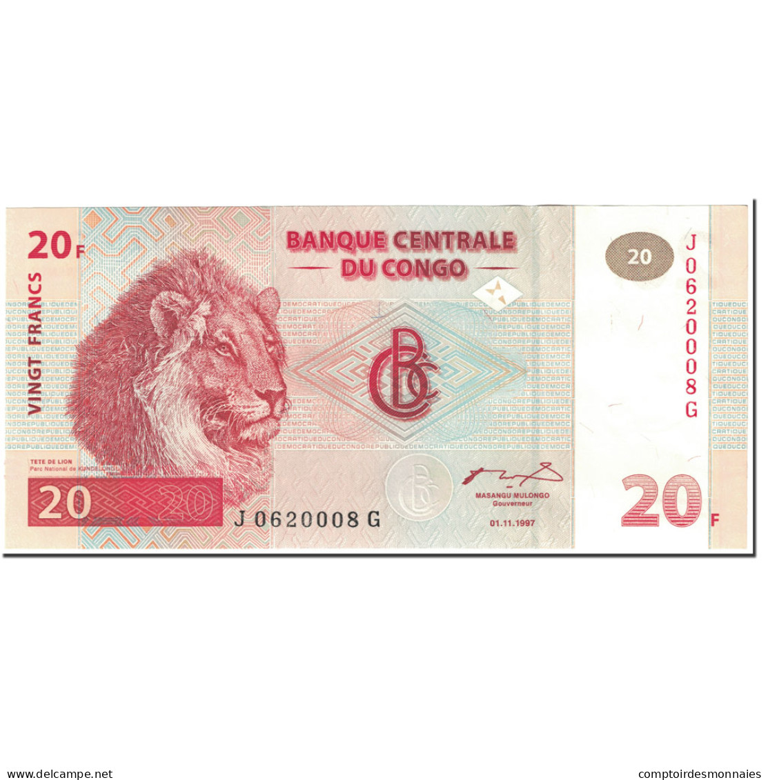 Billet, Congo Democratic Republic, 20 Francs, 1997, 1997-11-01, KM:88a, NEUF - Repubblica Del Congo (Congo-Brazzaville)