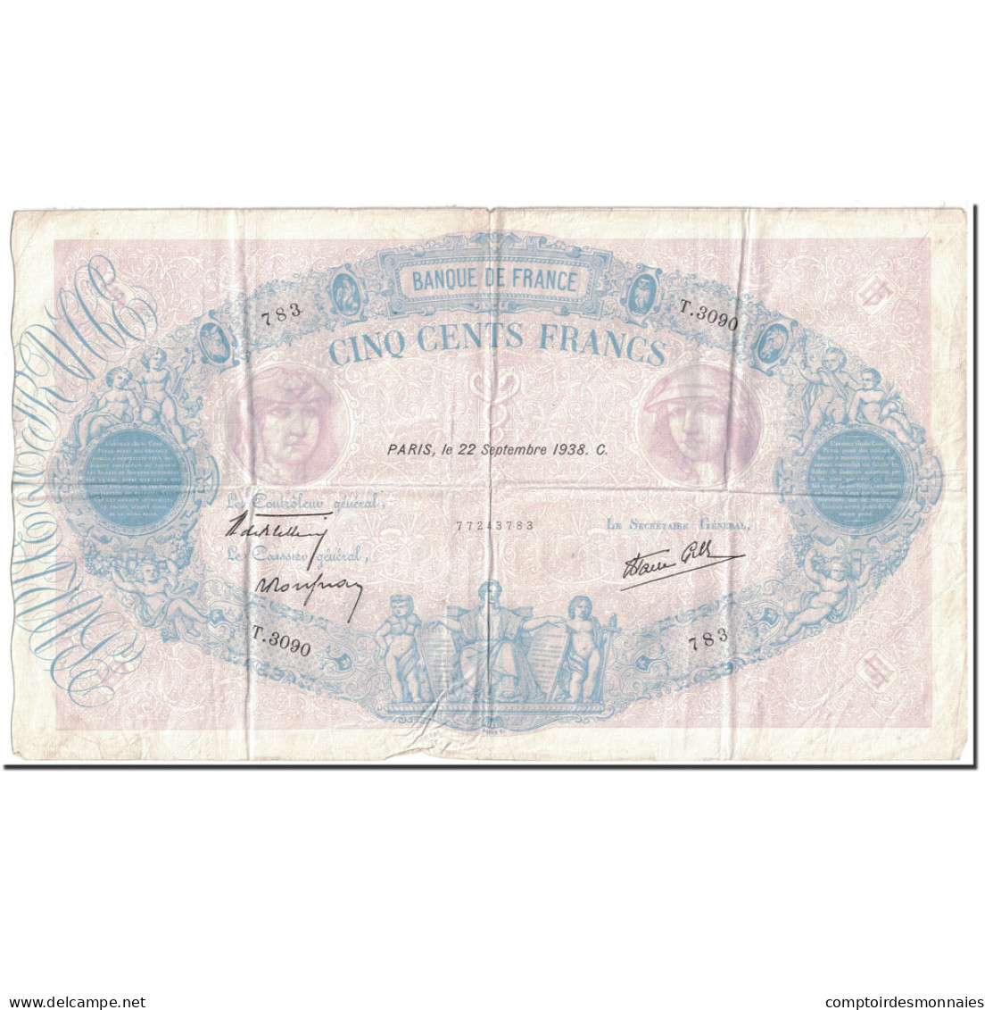 France, 500 Francs, 500 F 1888-1940 ''Bleu Et Rose'', 1938, 1938-09-22, TTB - 500 F 1888-1940 ''Bleu Et Rose''