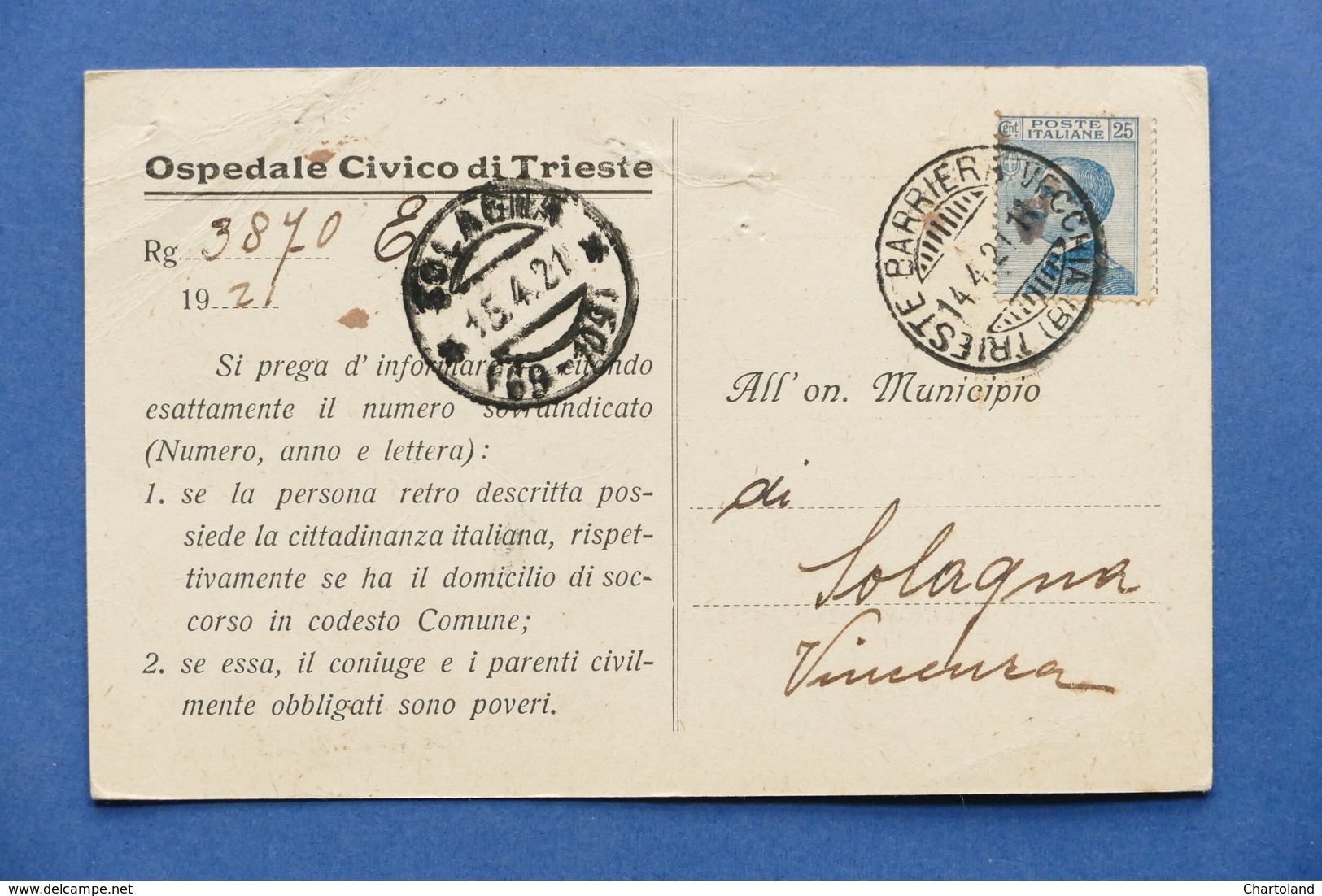 Cartolina Ospedale Civico Di Trieste - Comunicazione Personale - 1921. - Non Classificati