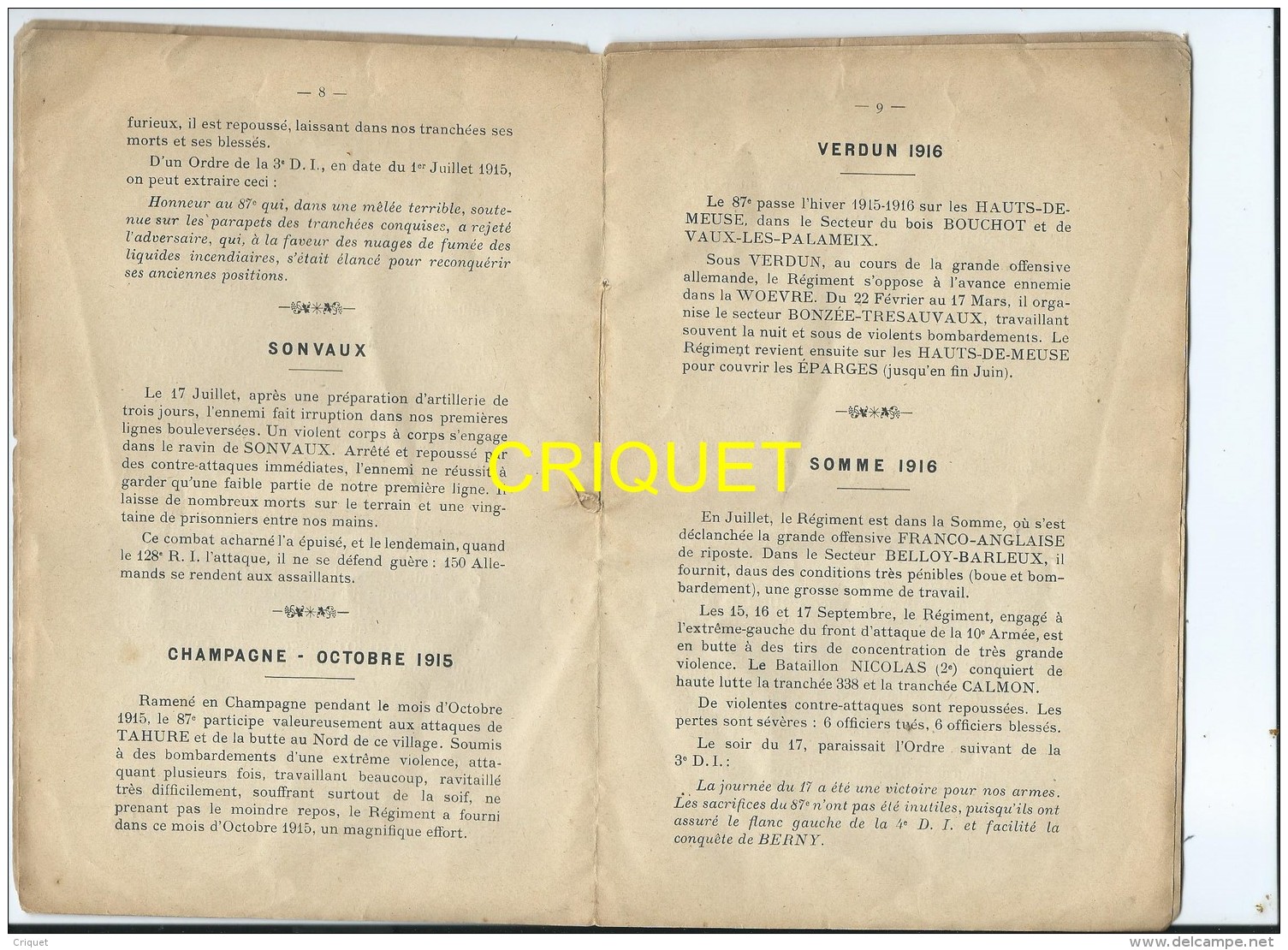 Militaria, guerre 14-18, rare livret de l'historique du 87ème Régiment d'Infanterie