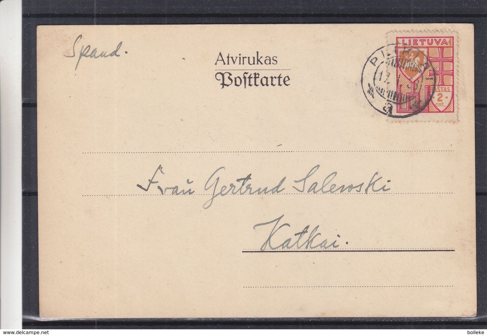 Lituanie - Carte Postale De 1936 - Oblit Plikiai - Exp Vers Kalkai - Lituania