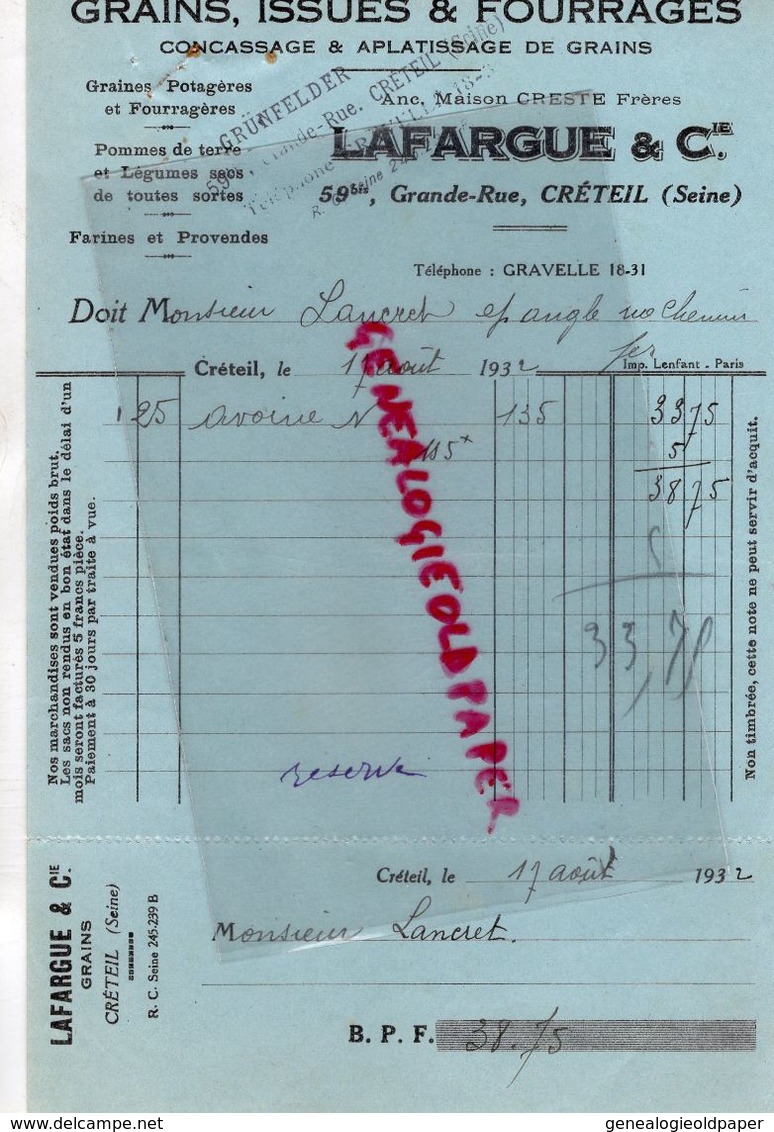 94-  CRETEIL- FACTURE LAFARGUE- CRESTE FRERES-GRAINS ISSUES FOURRAGES-HORTICULTURE 59 GRANDE RUE-1932 - Landwirtschaft