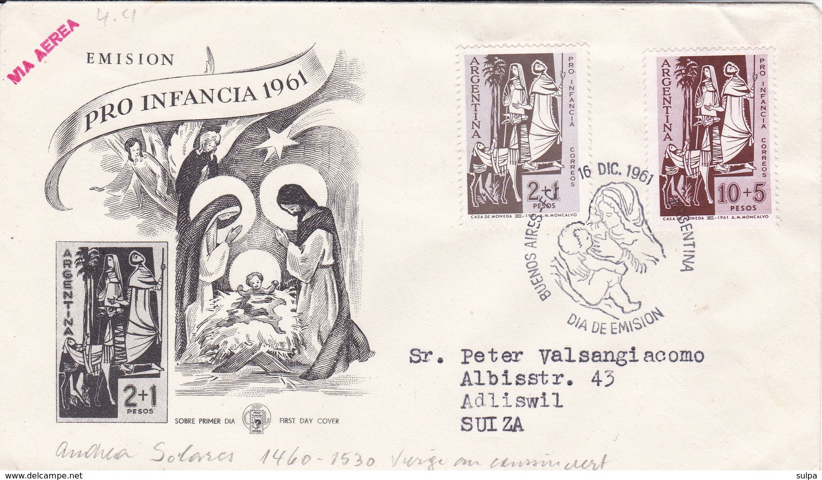 Argentina   Christmas 1961, Pro Infancia, Lettre 1er Jour Circulée. Oblitération Solares - Christmas