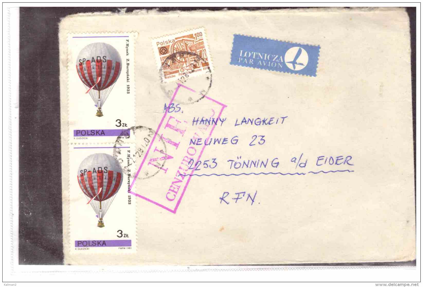 TEM10051  -        GDANSK  21.2.81   /     AIR MAIL COVER TO TOENNING A/d EIDER WITH CENSUR CANCELLATION - Storia Postale