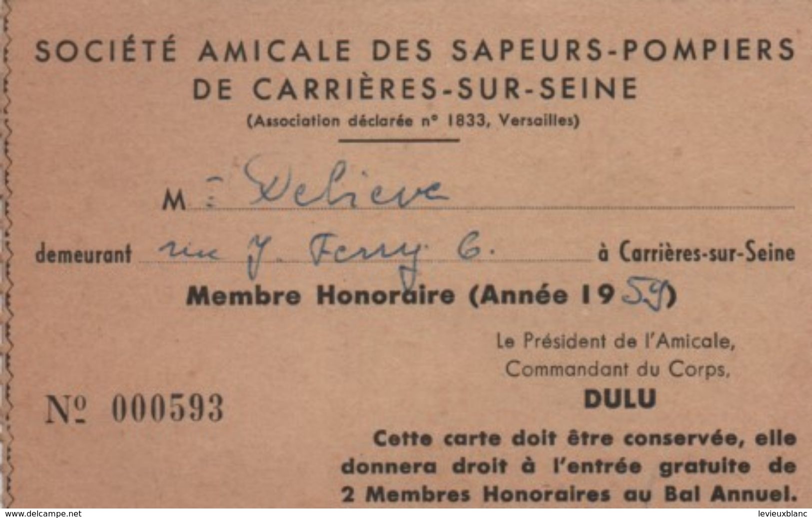 Carte D'Assoc./Société Amicale Des Sapeurs-Pompiers De Carriéres-sur-Seine/Deliéve /1959    AEC128 - Autres & Non Classés