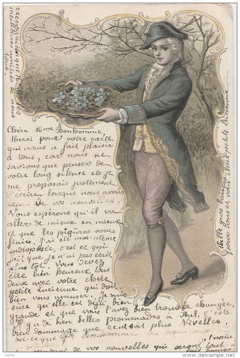 VIENNOISE (type) - Carte Gaufrée - Jeune Homme - Redingote - Chapeau Bicorne - Corbeille Myosotis - Perruque - Catogan - Uomini