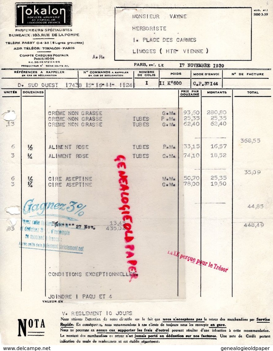 75- PARIS- TRAITE TOKALON-PARFUMERIE PARFUM- PARFUMEUR -7 RUE AUBER-1939 - Drogerie & Parfümerie