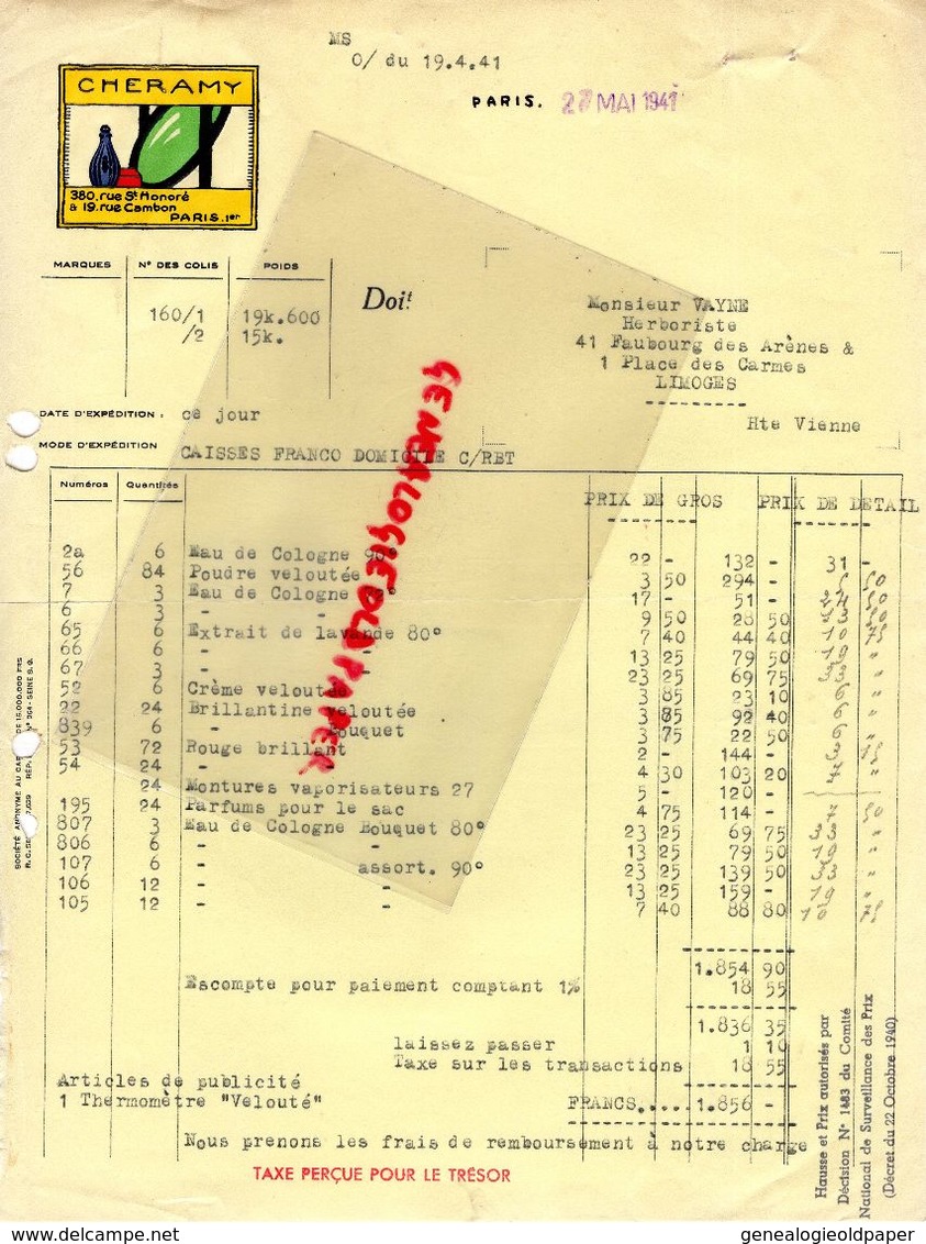 75- PARIS- FACTURE CHERAMY- PARFUMERIE PARFUMEUR- PARFUM-380 RUE ST HONORE-1941  EAU DE COLOGNE - Droguerie & Parfumerie