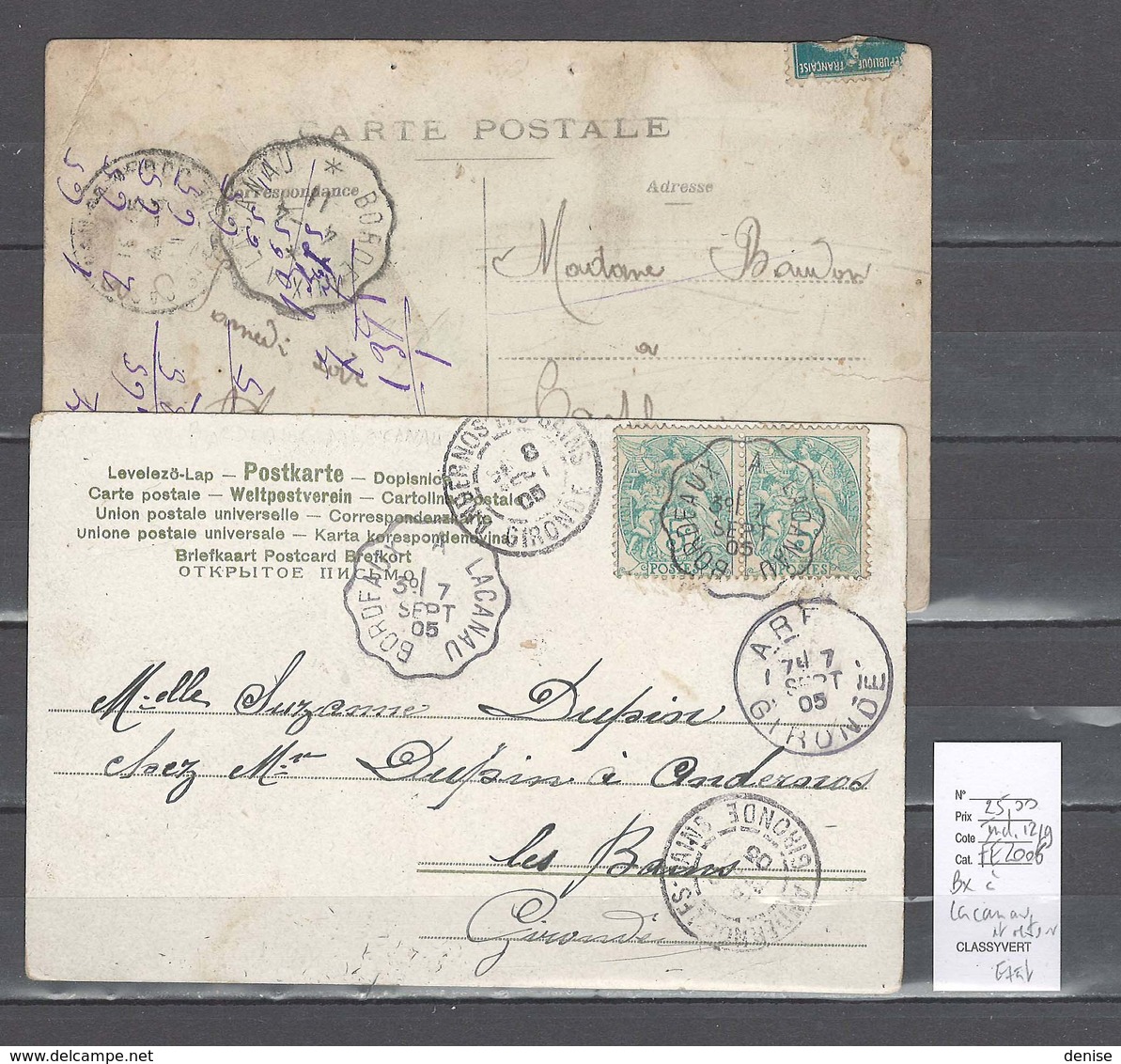 Lettres  Cachet  Convoyeur  Bordeaux à Lacanau Et Retour - 2 Piéces - Indice 12 Et 9 - Railway Post