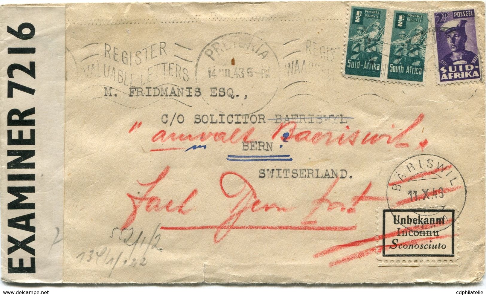 AFRIQUE DU SUD LETTRE CENSUREE DEPART PRETORIA 14 VII 43 POUR LA SUISSE - Used Stamps