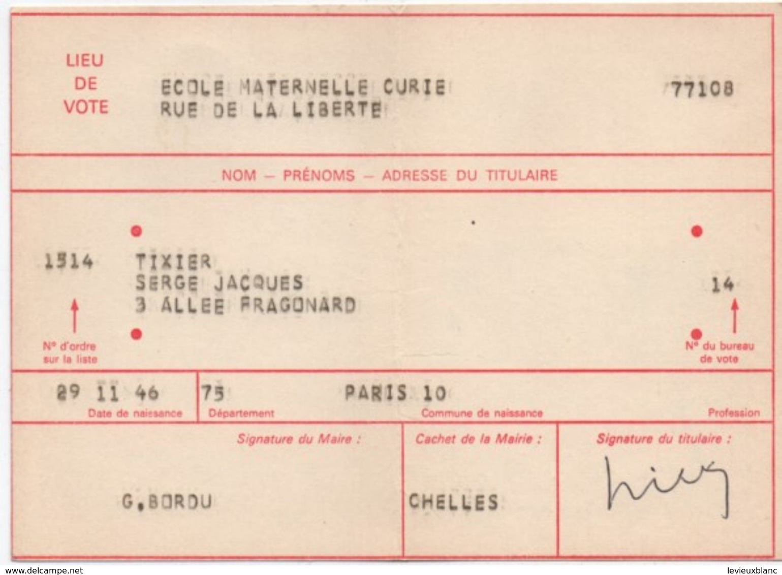 Carte D'Electeur/République Française/ Ministére De L'Intérieur/ CHELLES/Tixier Serge/ 1981   ELEC25 - Autres & Non Classés