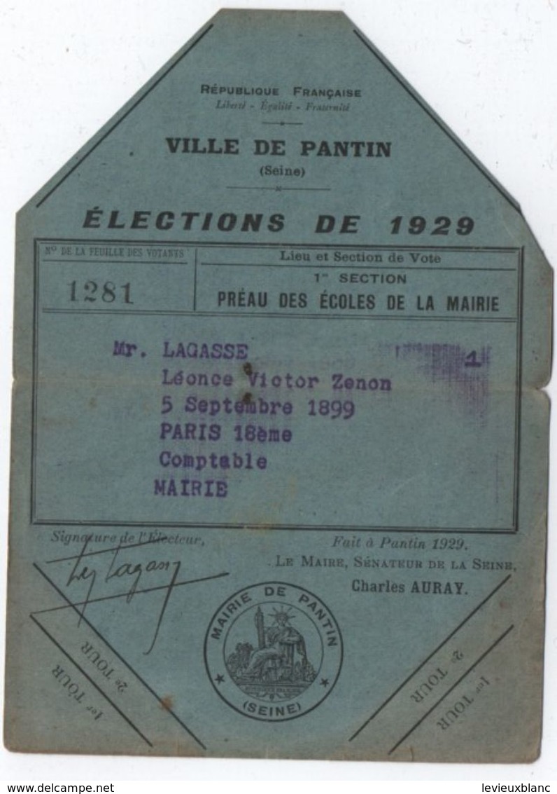 Carte D'Electeur à Deux Volets/République Française/ Ville De PANTIN/Lagasse Léonce / 1929   ELEC20 - Autres & Non Classés