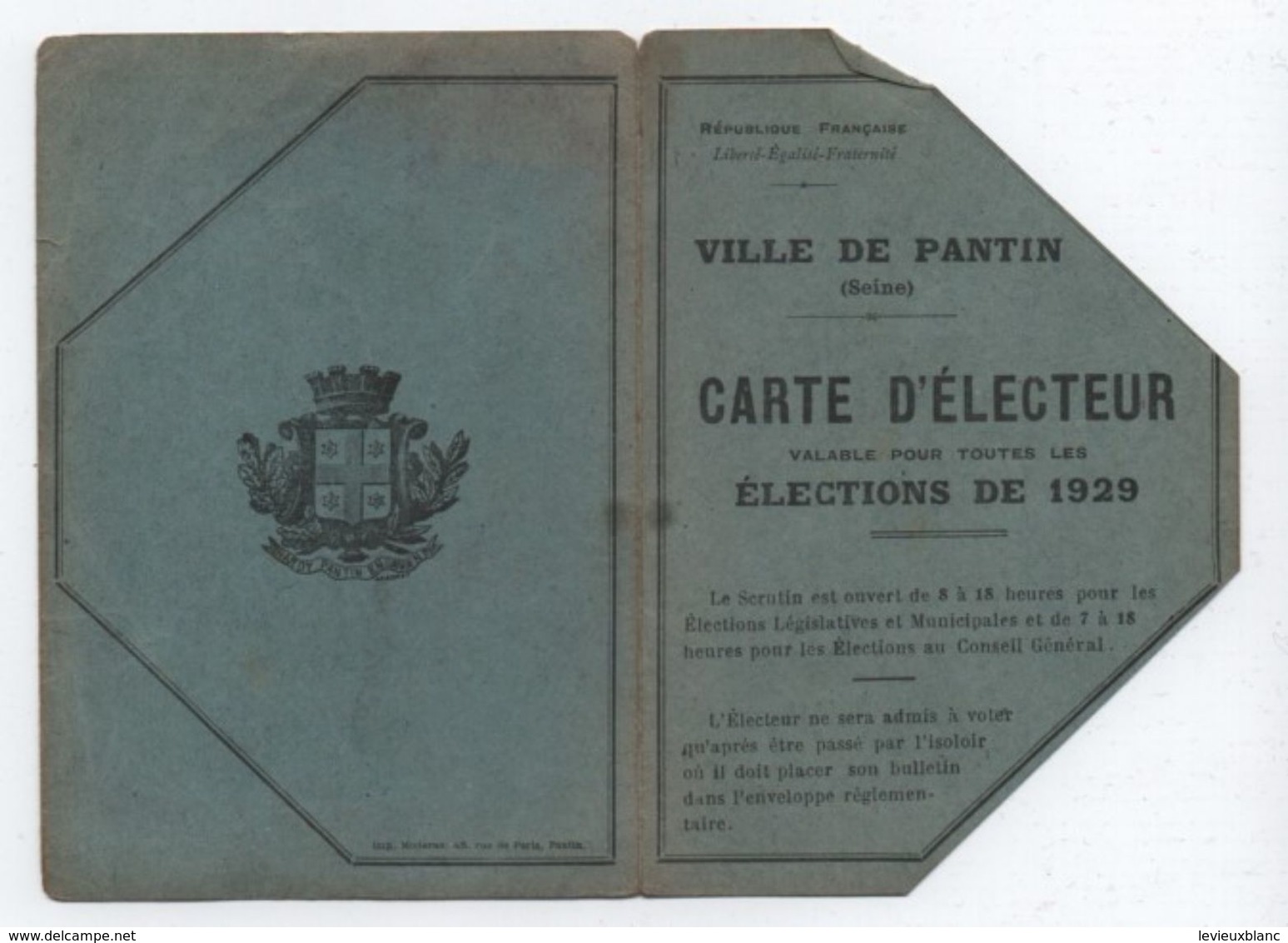 Carte D'Electeur à Deux Volets/République Française/ Ville De PANTIN/Lagasse Léonce / 1929   ELEC20 - Autres & Non Classés