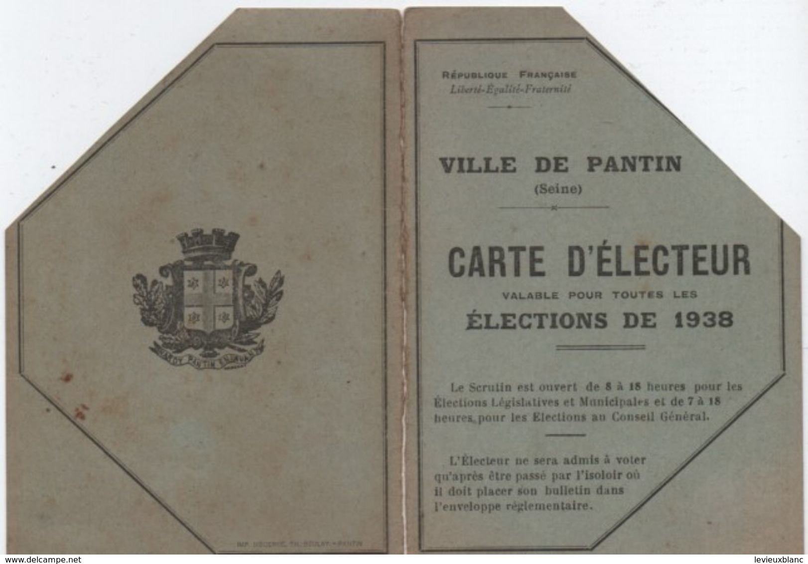 Carte D'Electeur à Deux Volets/République Française/ Ville De PANTIN/Lagasse Léonce / 1938   ELEC23 - Autres & Non Classés