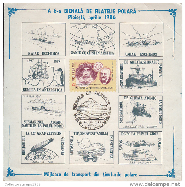 6171FM- ARCTIC AND ANTARCTIC EXPEDITION, KAJAK, DOG, SHIP, WHALE, ZEPPELIN, PLANE, SHEETLET, 1986, ROMANIA - Événements & Commémorations