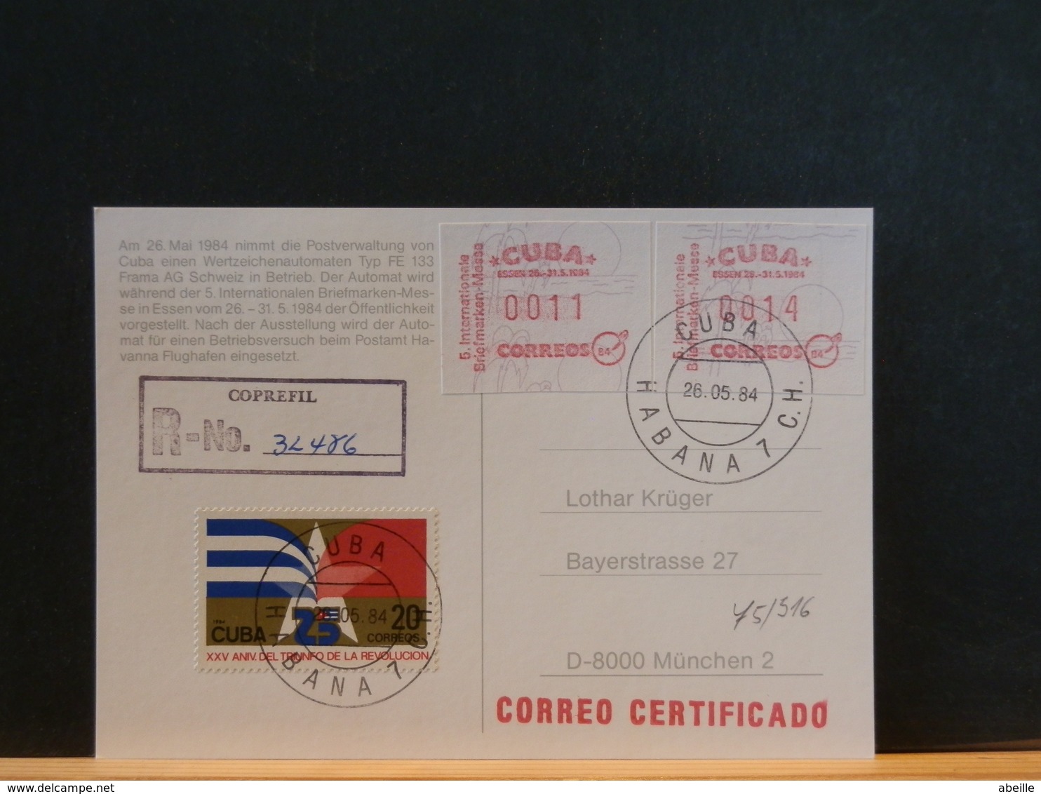 75/515  CP  CERT. CUBA  1984 - Vignettes D'affranchissement (Frama)