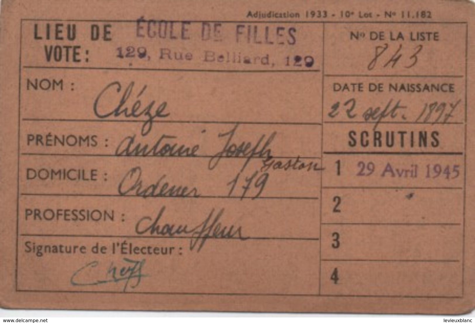 Carte D'Electeur /République Française/Ville De Paris /Chéze/Chauffeur /1945  ELEC26 - Autres & Non Classés