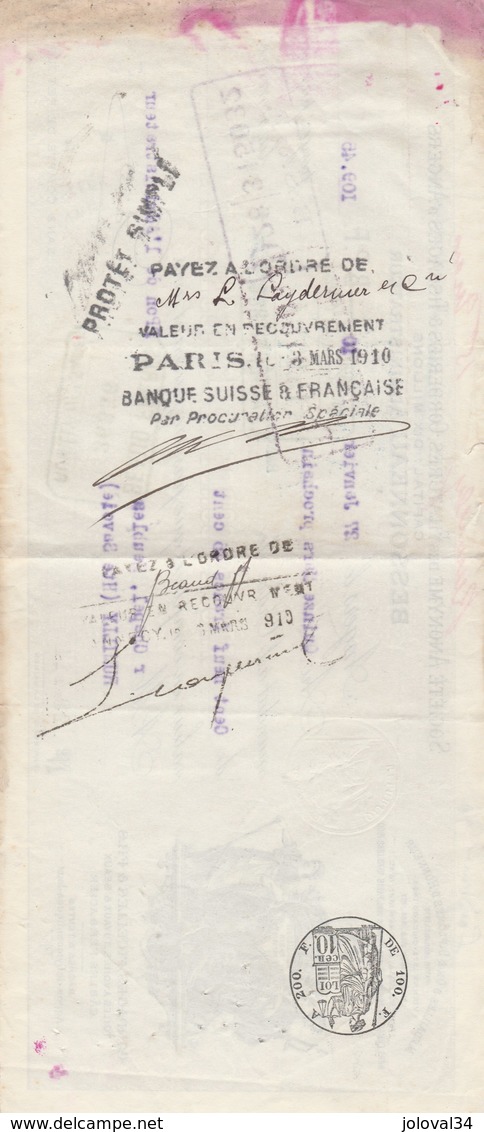 Lettre Change Mandat 27/1/1910 Bessonneau Filatures ANGERS Maine Et Loire à Chapel Rumilly Haute Savoie Cachet Fiscal - Lettres De Change