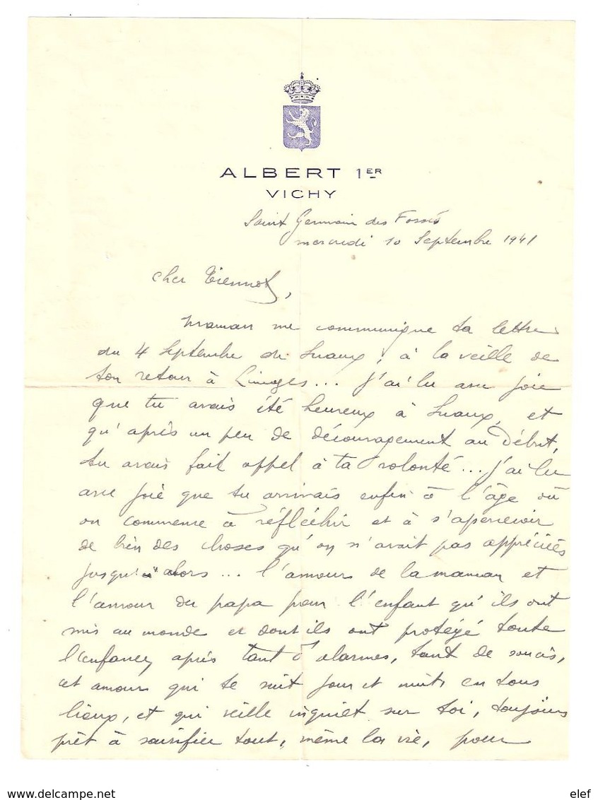 Lettre De Famille En Tête HOTEL Albert 1er VICHY, Allier ; évocation Communes Suaux, Bethanam ;Blason Septembre 1941 ,TB - Collezioni