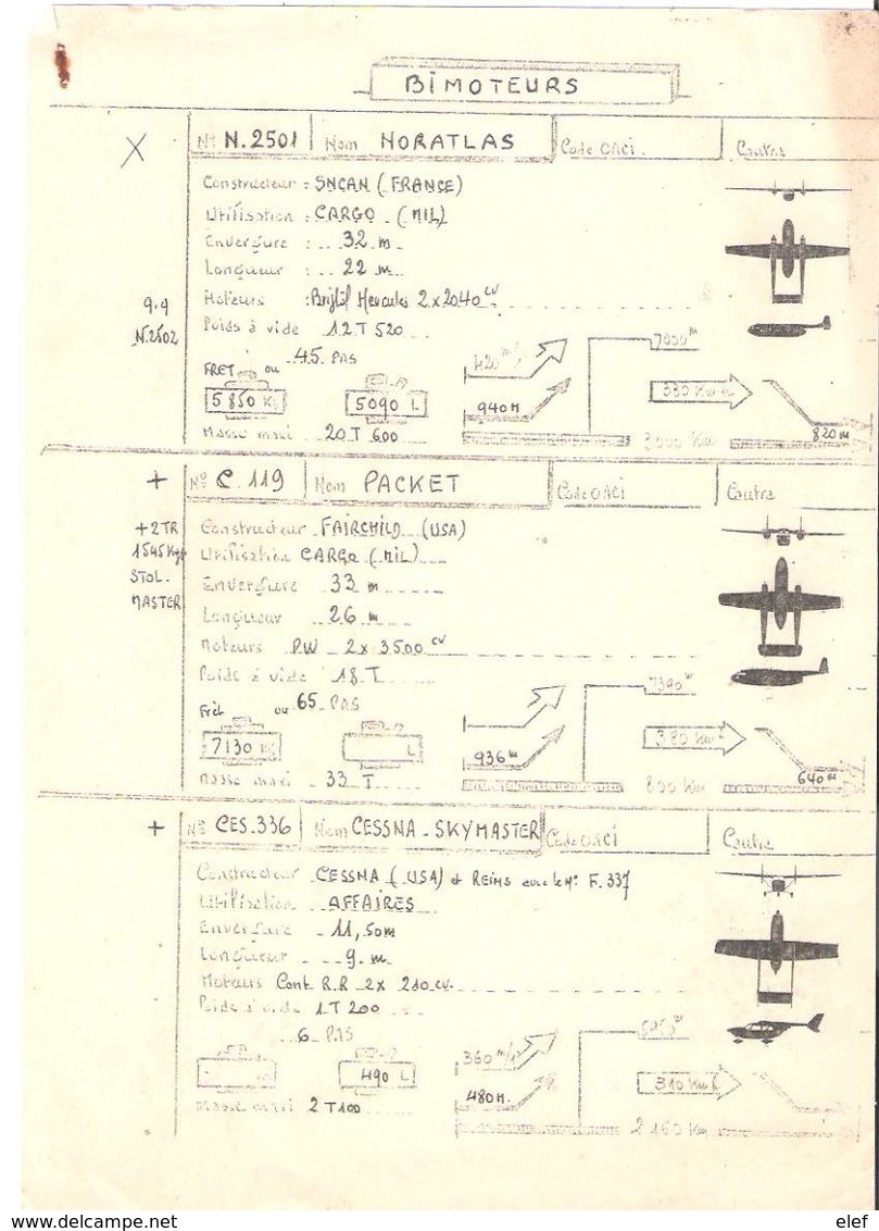 Fiche Technique BIMOTEURS Avion NORATLAS N 2501, Packet Fairchild C 119  CESSNA Skymaster CES 336 ; Vers 1950/ 60 , TB - Manuals