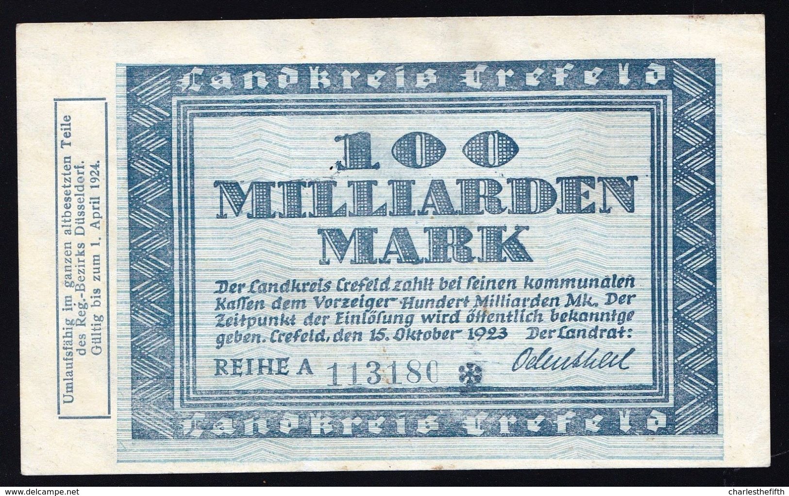 100 MILLIARDEN MARK - LANDKREIS CREFELD - SELTEN ! VF - [11] Local Banknote Issues