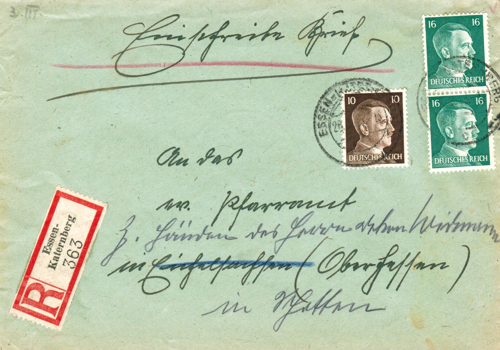 Dt. Reich 787 + 790 MiF Portogenau Auf R- Fernbrief V. Essen - Katernberg 1943 N. Schotten - Briefe U. Dokumente