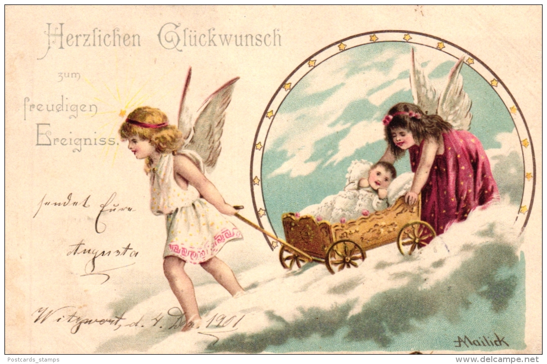 Zum Heranzoomen Mit Der Maus über Das Bild FahrenGeburt-Freudiges-Ereignis-Engel-mit-Kinderwagen-sign-Mailick-1901 Gebur - Mailick, Alfred