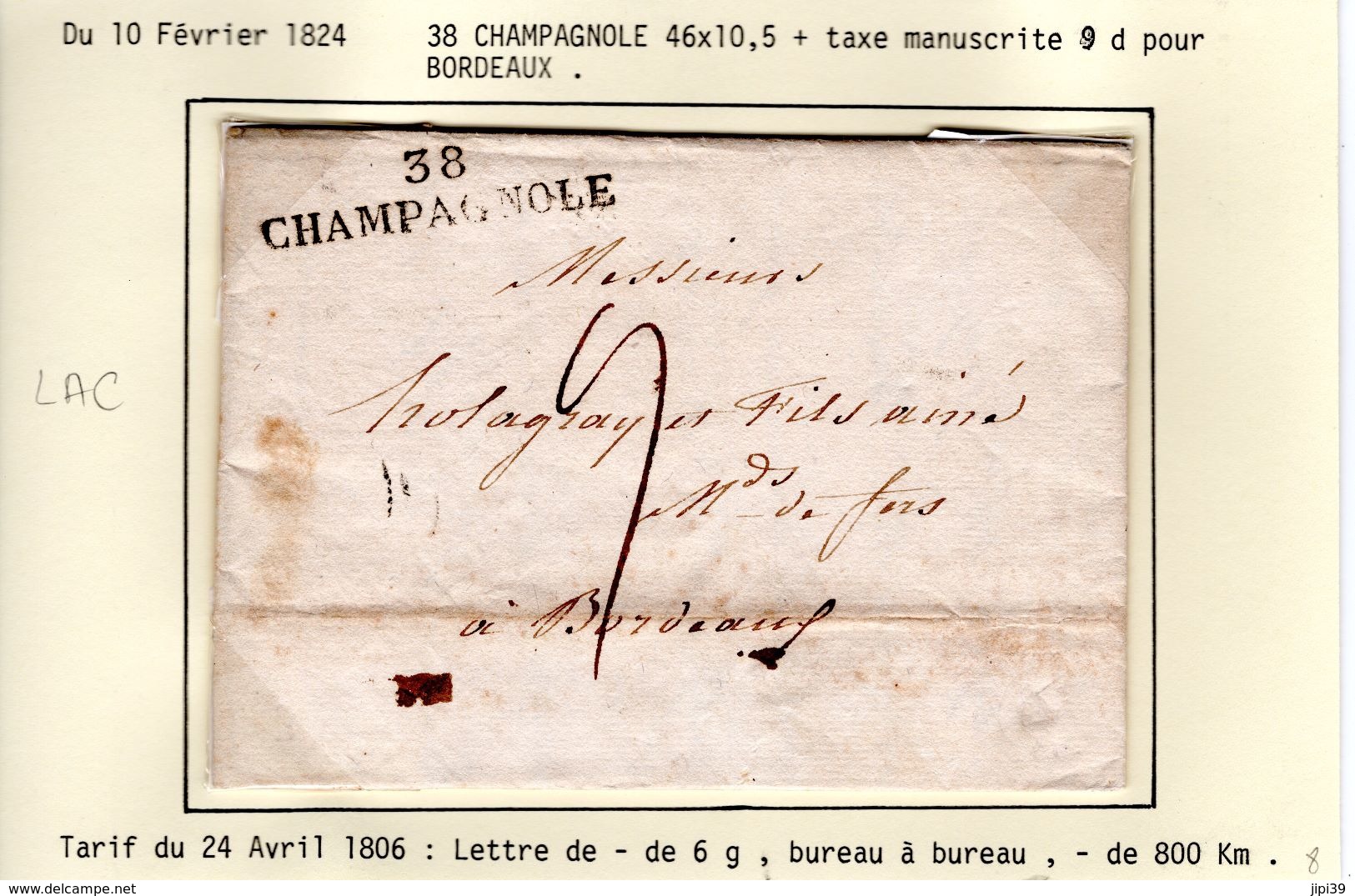 JURA : LAC  38  CHAMPAGNOLE 1824  ( Indice 8 ) - 1801-1848: Précurseurs XIX
