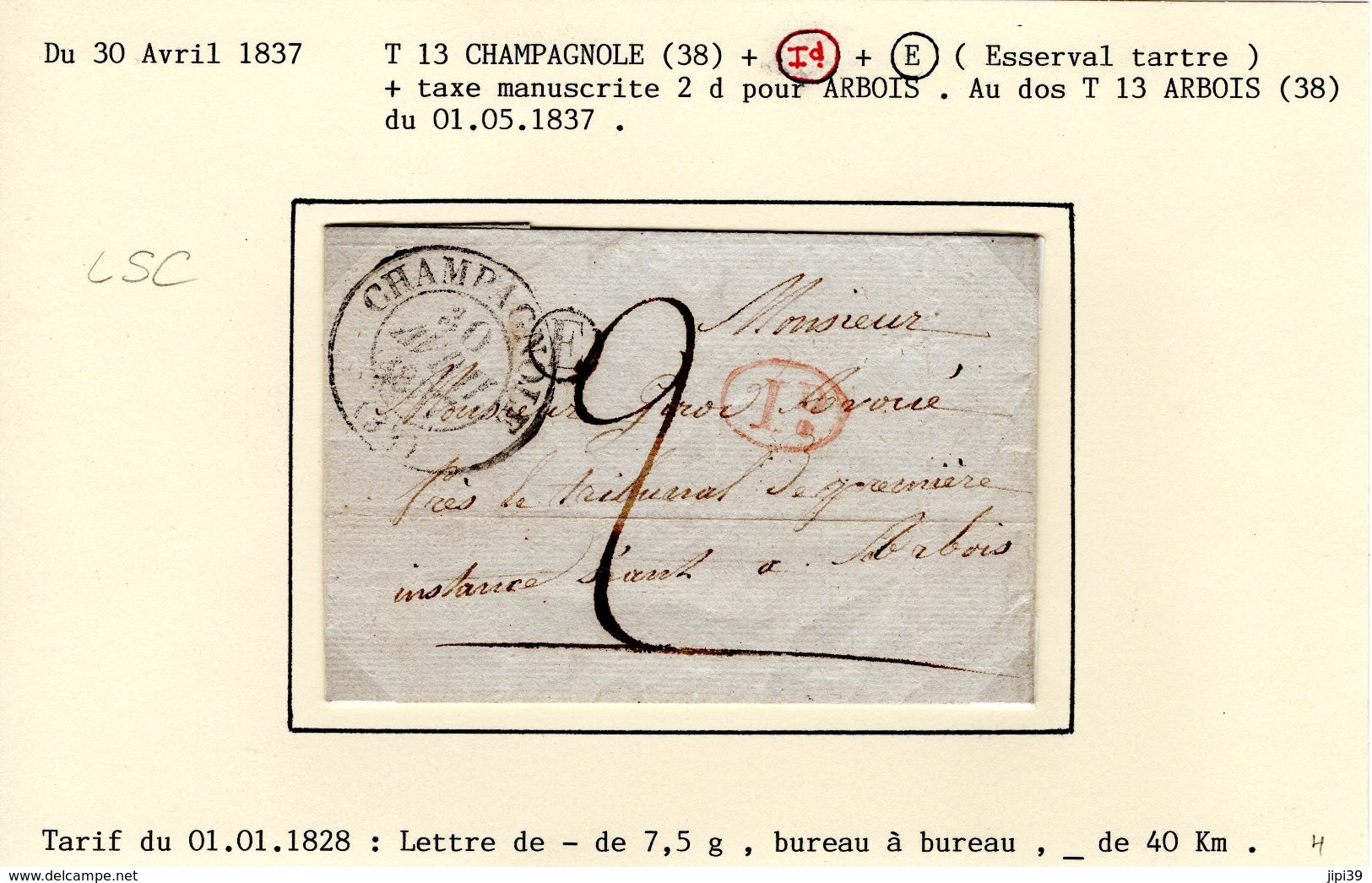 JURA :LSC  T 13 CHAMPAGNOLE 1837  + Id + Boite Rurale E - 1801-1848: Precursors XIX