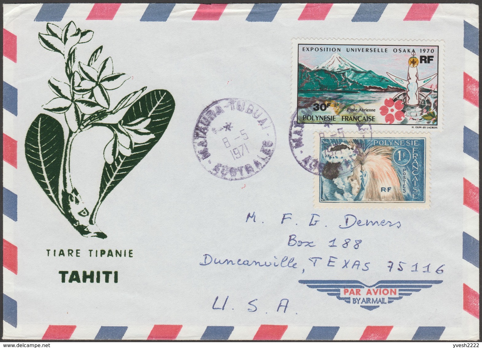 Polynésie Française 1971 Y&T PA 32. Lettre De Mataura Tubuai Au Texas. Timbre à 30 F Exposition D'Osaka - 1970 – Osaka (Giappone)