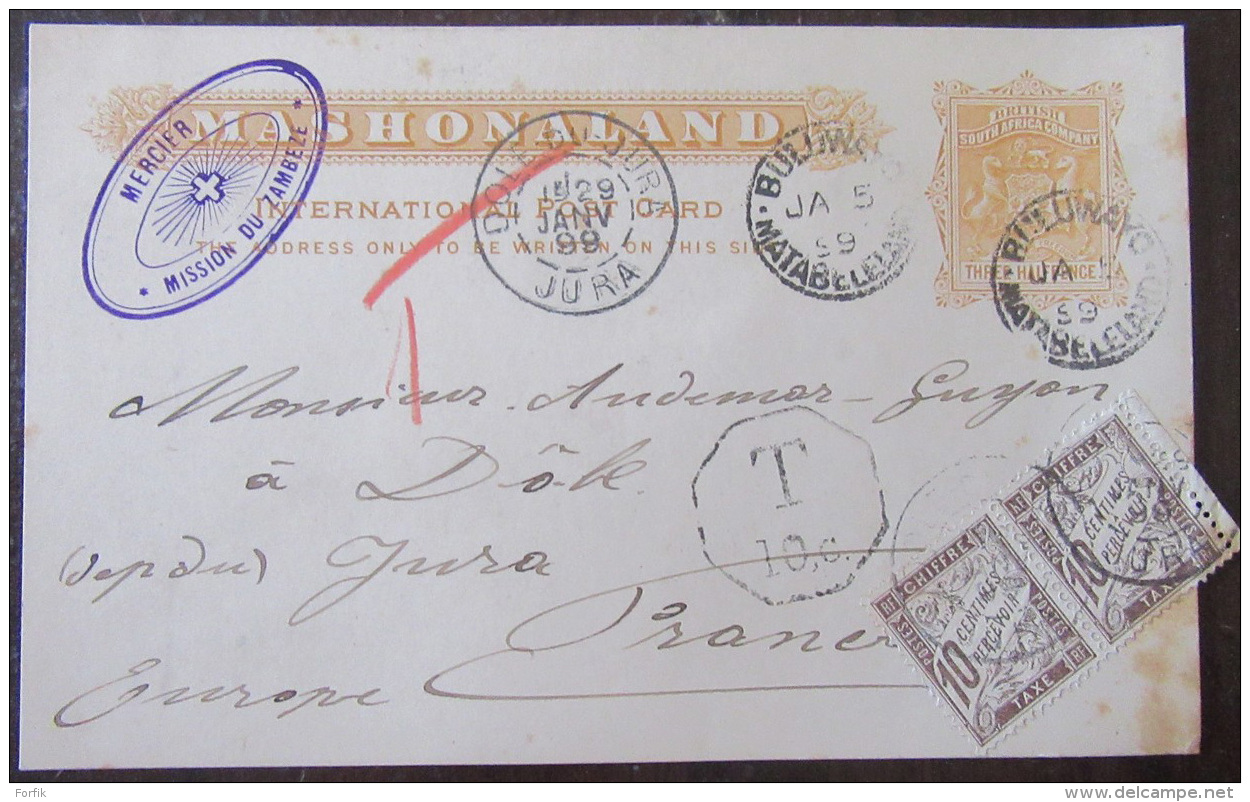 Entier Postal Mashonaland (ex-colonie Anglaise) - Daté 1899 à Destination De Dôle + Timbres Et Oblitération Taxe - Non Classés